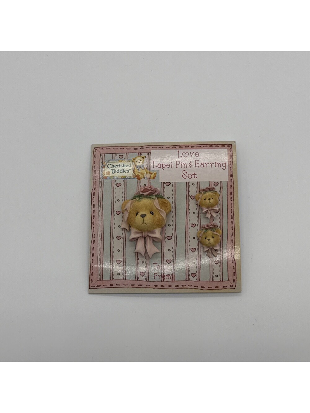 1995 Enesco Cherished Teddies Bear Rose Bow Love Lapel Pin & Earring Set